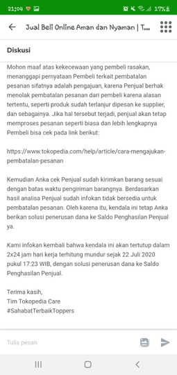 Team Tokopedia Care Handle Komplain Mirip Robot - Kecewa