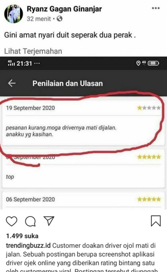 DUH! Gegara Pesanan Kurang, Customer ini Beri Rating 1 Bintang dan Doakan Driver Mati