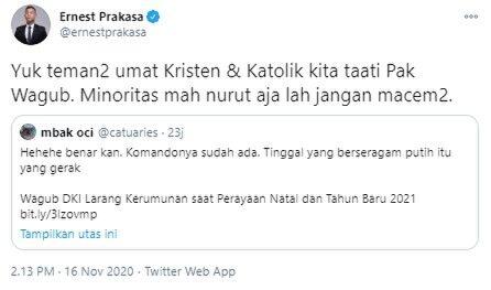 Wagub DKI Larang Kerumunan saat Natal, Ernest: Minoritas Mah Nurut Saja Lah