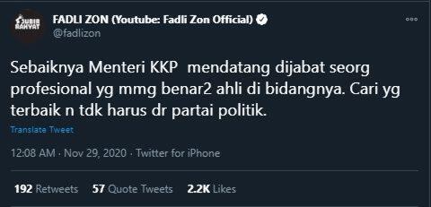 Fadli Zon Akan Gantikan Edhy Prabowo Jadi Menteri Kelautan dan Perikanan