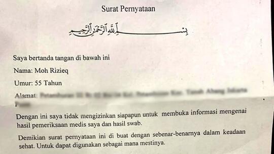 Ini Surat Pernyataan Habib Rizieq Tolak Publikasikan Hasil Swab