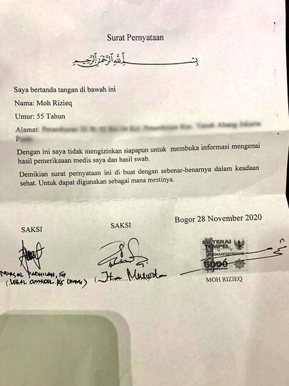 Ini Surat Pernyataan Habib Rizieq Tolak Publikasikan Hasil Swab