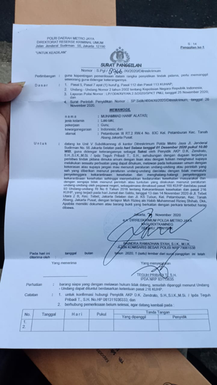 Polda Metro Jaya Telah Kirim Surat Panggilan, Apakah Rizieq Datang? Ini Kata FPI