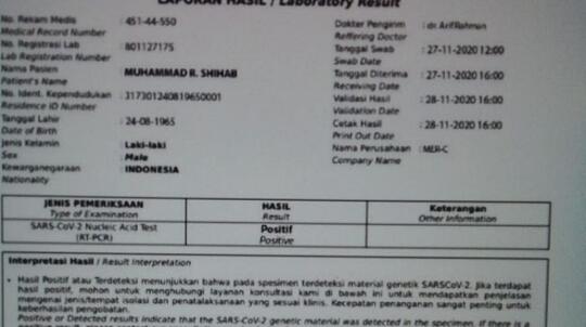 Habib Rizieq Disebut Positif Corona dari Hasil Swab MER-C, FPI: Hoaks!