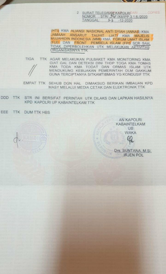 Beredar Surat Telegram Kapolri soal FPI Resmi Dibubarkan