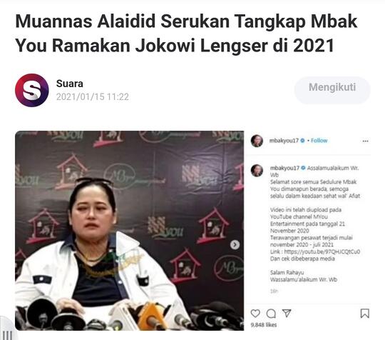 Muannas Alaidid Serukan Tangkap Mbak You Ramakan Jokowi Lengser di 2021