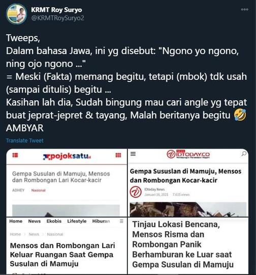 Mensos Risma Lari saat Gempa, Roy Suryo: Kasihan Bingung Cari Angle Foto