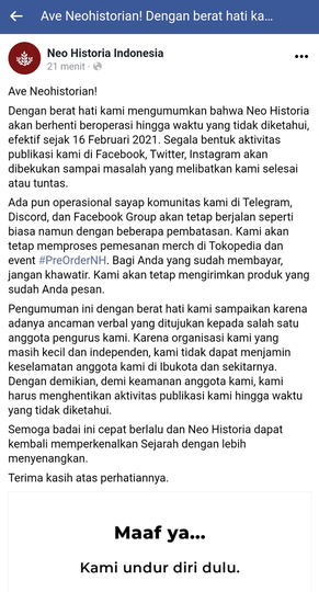 Ungkap Ancaman Ormas, Situs Pegiat Sejarah Neo Historia Undur Diri
