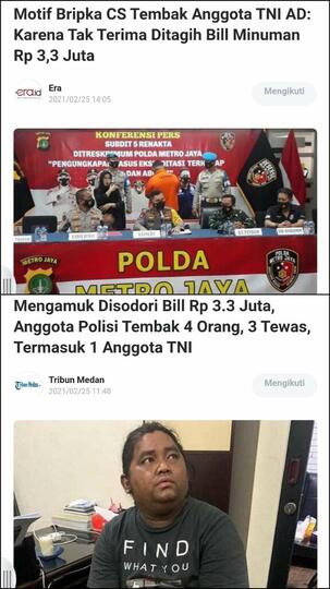 Mengamuk Disodori Bill Rp 3.3 Jt, Pol Tmbk 4 Orang, 3 Tewas, Trmsk 1 TNI