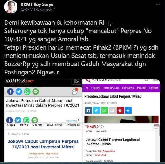Perpres Investasi Miras Dicabut, Roy Suryo Tegas Menuntut Hal Ini ke Jokowi