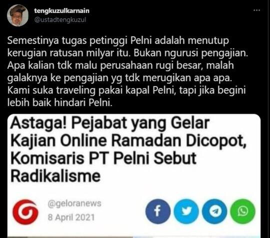 Tengku Zul: Tugas Petinggi Pelni Urus Kerugian, Bukan Ngurusin Pengajian