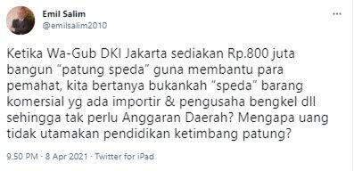 Tugu Sepeda Rp 800 Juta di DKI, Emil Salim: Mengapa Tak Utamakan Pendidikan
