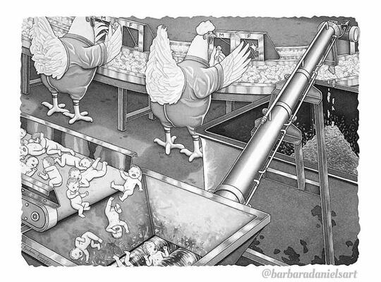 Mengerikan, Ilustrasi Peran Manusia Digantikan Hewan. Manusia Dikonsumsi Ayam.