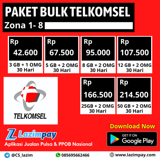 Update list paket bulk Telkomsel zona 1 - 8 Lazimpay