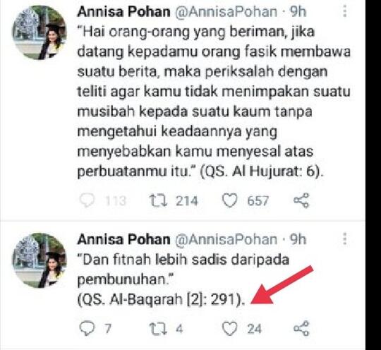 Annisa Pohan Kutip Alquran Surat Al-Hujurat Ayat 6, Netizen Sindir: Cerminmu Retak?