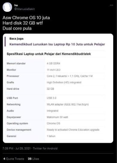 Isu Laptop Pelajar Rp10 Juta, Spesifikasi Jadi Viral: HD 32 GB - RAM 4 GB, Dual Core