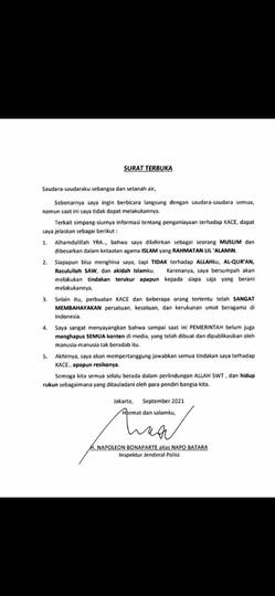 Surat Irjen Napoleon Bonaparte : Siapapun Boleh Hina Saya,Tapi Tidak terhadap Allahku