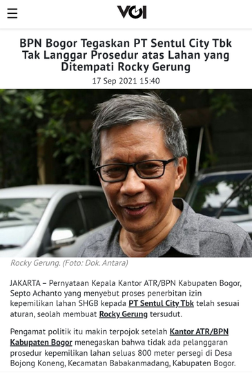 BPN Pastikan Tanah yang Ditempati Rocky Gerung Milik Sentul City