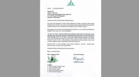 Yayasan Tolak Acara Reuni 212 di Masjid Az Zikra Sentul Bogor, Ini Isi Suratnya