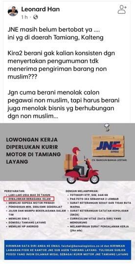 Viral Iklan Lowongan Kerja Mitranya Singgung Agama, JNE Putus Hubungan