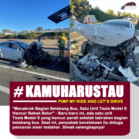 Satu Unit Tesla Model S Hancur Babak Belur Setelah Menabrak Bagian Belakang Bus