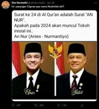Heboh Unggahan Sebut Anies - Gatot Pasangan Pilpres Sudah Diprediksi Alquran