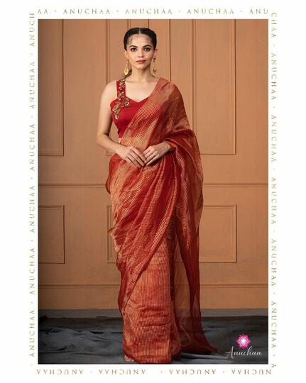 Buy Embellished Organza Silk Red Saree 