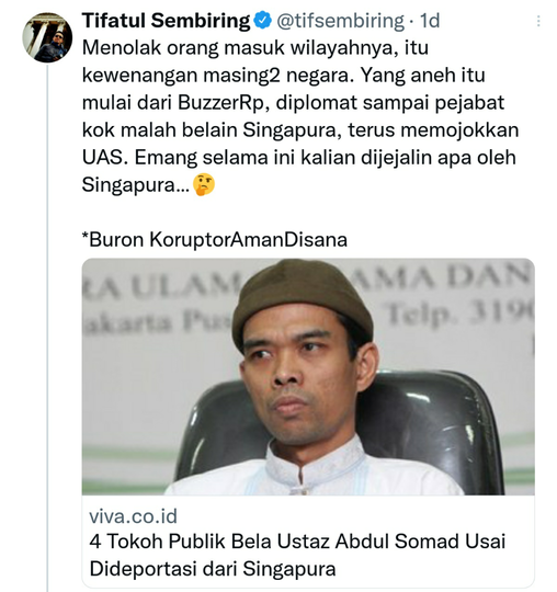 Tifatul Sembiring heran buzzer dan pejabat memojokkan UAS: Kalian dijejalin apa?