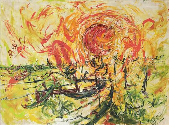 Lukisan Dengan Objek Favorit Affandi - Hutan Bambu dan Perahu Jukung