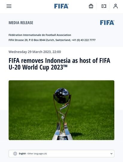 Pernyataan Lengkap FIFA Soal Piala Dunia U-20 Batal di Indonesia