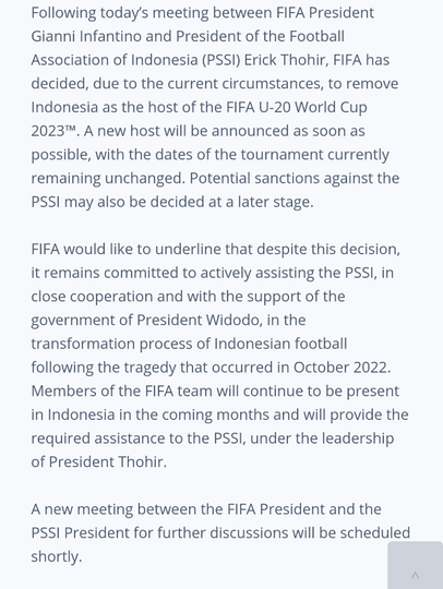 Pernyataan Lengkap FIFA Soal Piala Dunia U-20 Batal di Indonesia